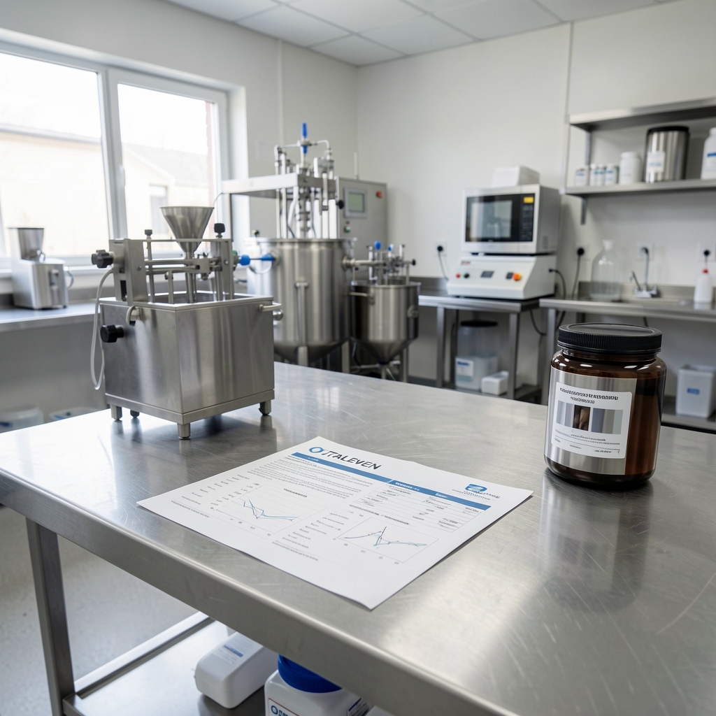 Quality-control bench with batch-coded supplement containers arranged in rows under bright studio lighting in a clean workspace