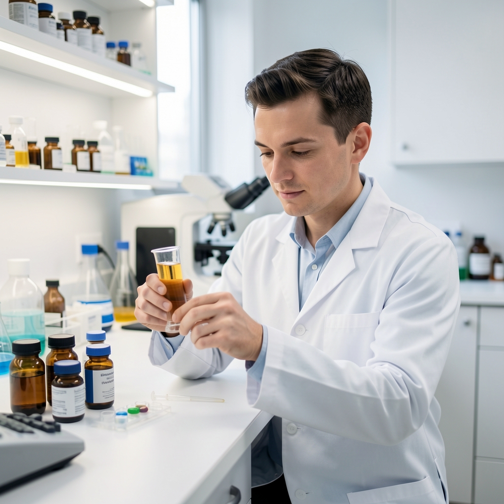 Independent laboratory analyst preparing a supplement sample for elemental concentration analysis in a clean workspace with bright studio lighting