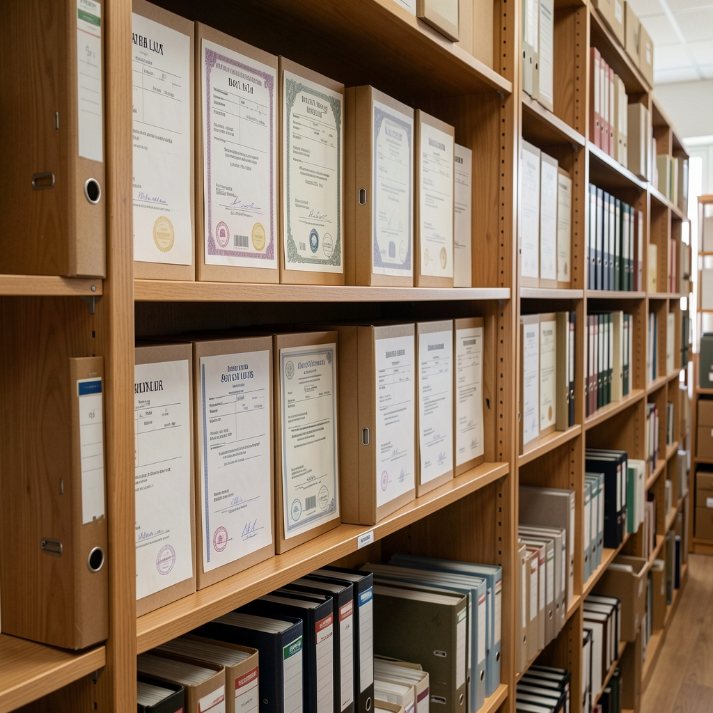 Archive documentation folders containing batch lot records and certificates of composition arranged on wooden shelving in the Otaleven Jakarta archive room
