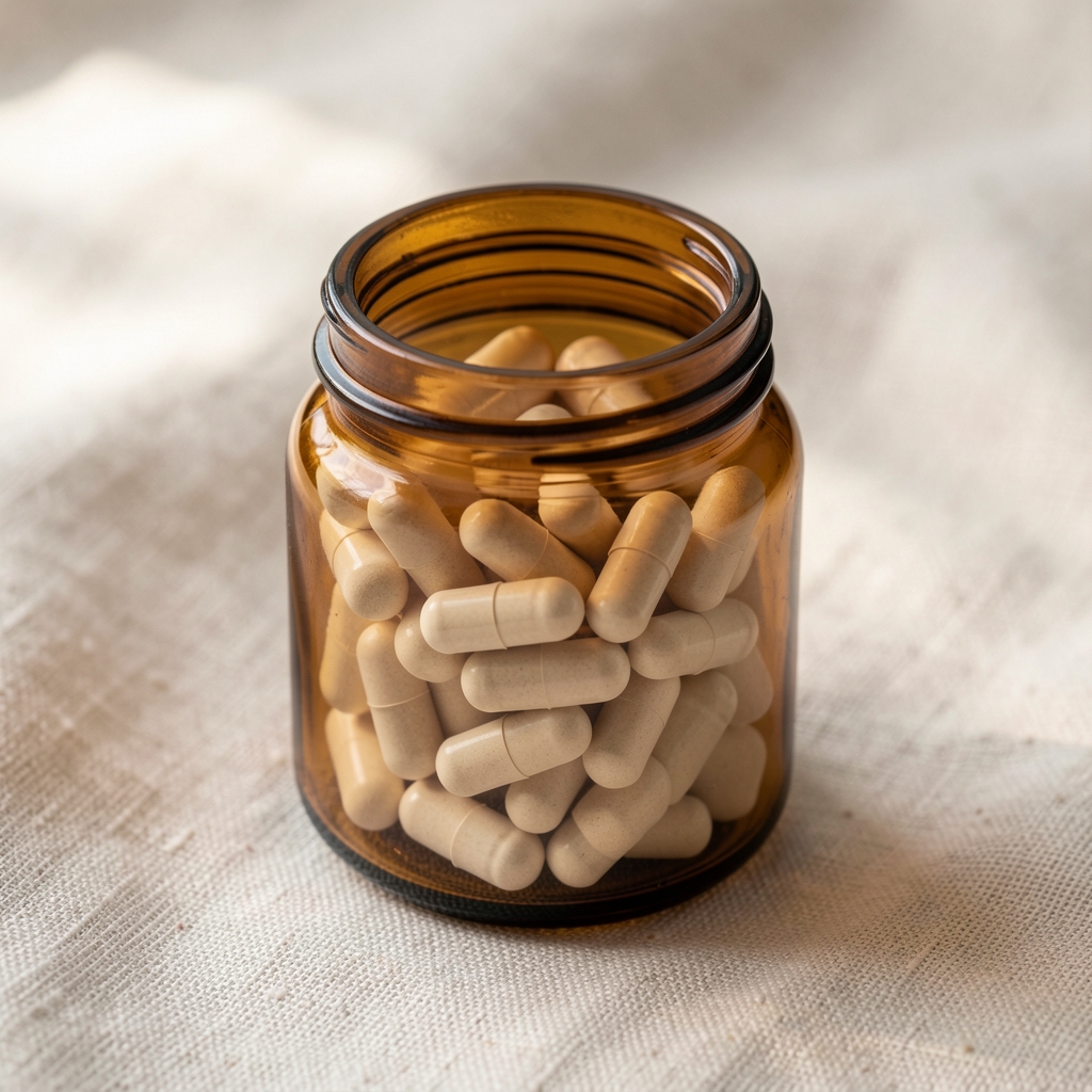 Close-up of zinc supplement capsules in a small amber glass jar on a light-coloured linen surface with soft natural light