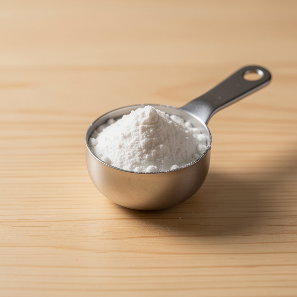 Magnesium bisglycinate supplement powder in a small measuring scoop placed on a clean wooden surface under studio lighting