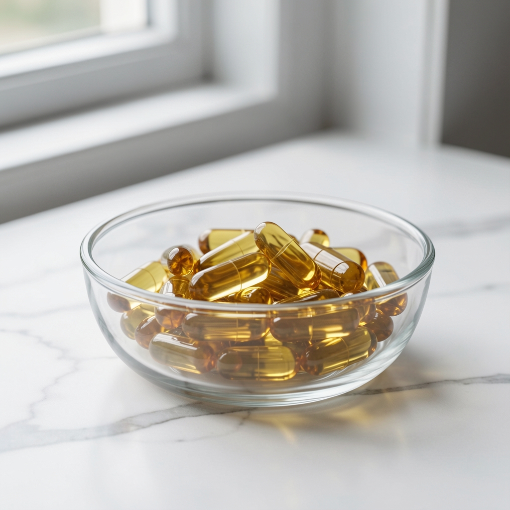 Vitamin D3 and K2 supplement oil capsules in a clear glass dish on a white marble surface under natural window light