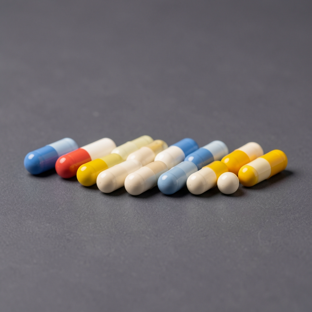 Selenium and vitamin E antioxidant supplement capsules arranged in a row on a dark grey surface with soft diffused studio lighting