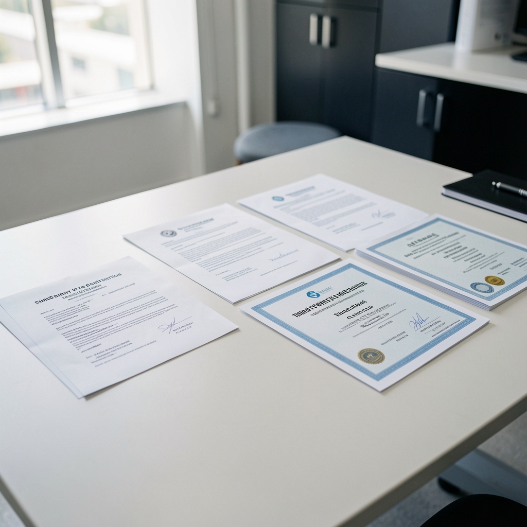 Sourcing documentation and certificates of composition spread on a clean desk during a third-party verification visit to the Otaleven Jakarta facility
